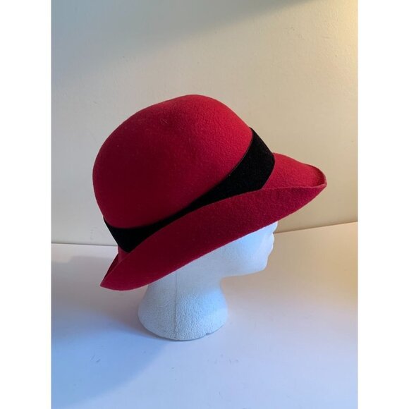 Laura Ashley Vintage 90s Red Felt Wool Brim Hat Velvet Bow main image 5